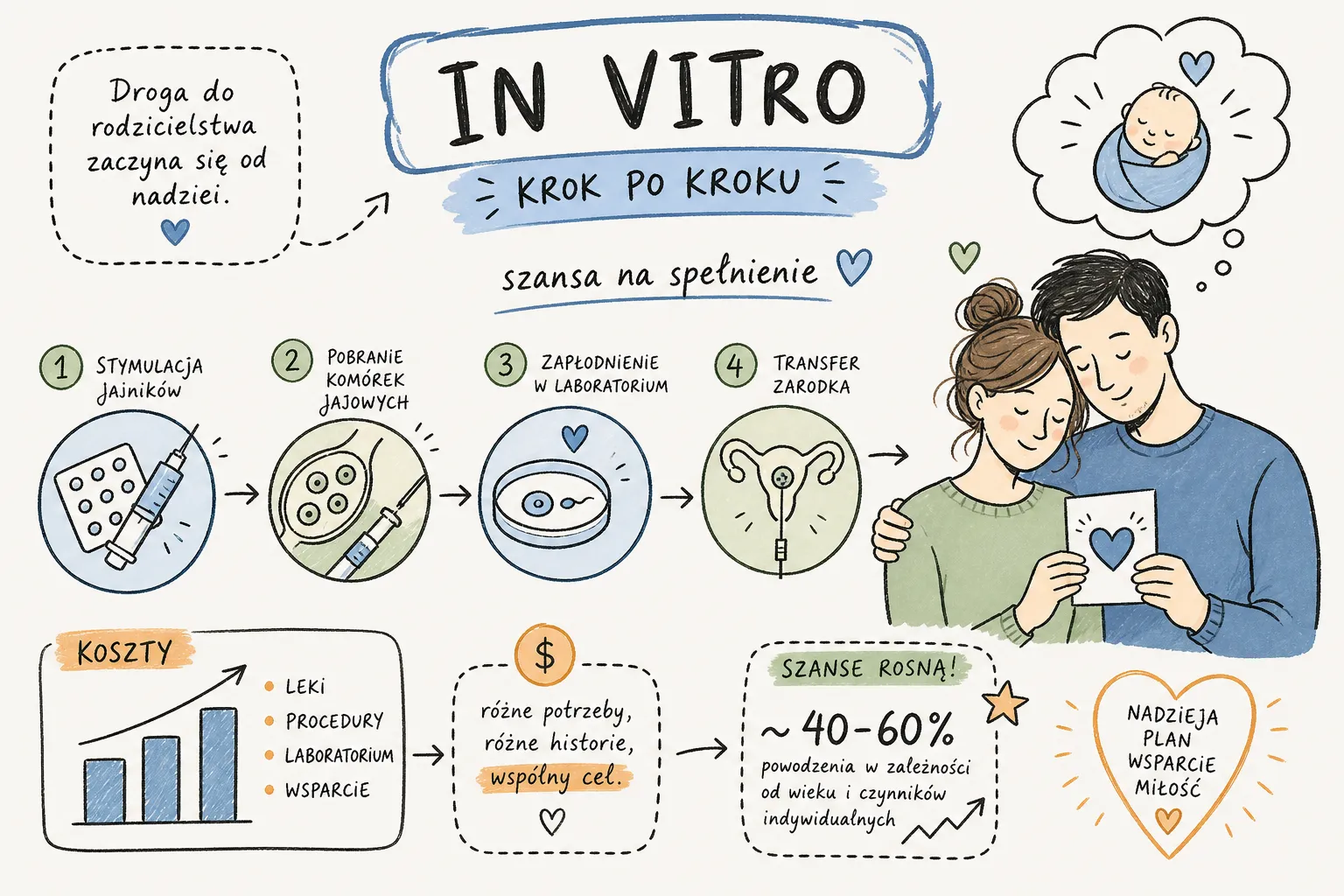 Infografika przedstawiająca etapy in vitro krok po kroku: stymulacja, punkcja, zapłodnienie, transfer zarodka